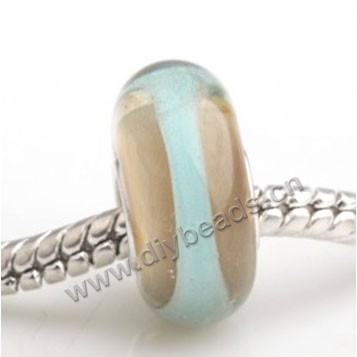 Bead, big-hole beads,Lampworked glass and 925 sterling silver grommet,blue with stripe,14x7mm rondelle with 4.5 mm hole,sold per pkg of 50ps
