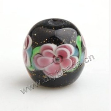 Bead,Japan lampworked glass,black with flower, 14x14mm round.mini order 100pc 