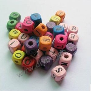 Bead mix, wood, mixed colors, 10x10mm cube with 'Alphabet'. Sold per 400-gram pkg, approximately 1,000 beads.