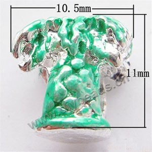 Bead, big-hole beads,pewter and enameled , green, 11x10.5mm double-side tree with 4.5mm hole. Sold per pkg of 10ps