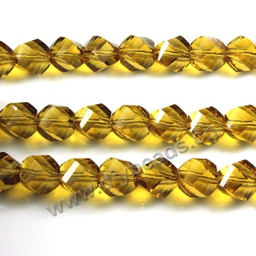 Bead, glass, amber color, 10mm faceted twist round, sold per pkg 5 strands.