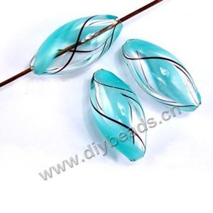 Bead, hand-blown glass, turquoise blue with black line, 24x14mm hollow oval. Sold per pkg of 10