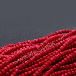 Bead, glass pearl, red, 4mm round. Sold per pkg of two 16-inch strands.
