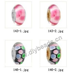 Bead,big-hole beads ,lampworked glass with silver-finished brass grommets,mixed colors and designs,6x12mm-8x14mm rondelle ,4mm spiral hole,sold per pkg of 10ps