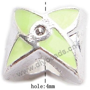 Bead, big-hole beads,silver-plated pewter and enameled , green, 10x10mm flower with rhinestone,and 4mm hole. Sold per pkg of 10ps