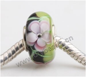 Bead, big-hole beads,Lampworked glass and 925 sterling silver grommet,black green with flower, 14x7mm rondelle with 4.5 mm hole,sold per pkg of 50ps