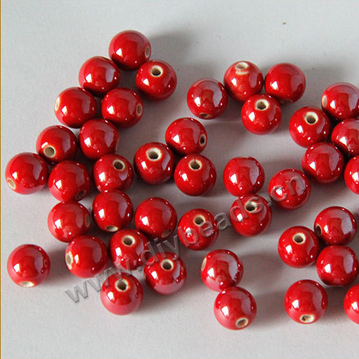 Bead , fancy glaze porcelain,red, 8mm round. Sold per pkg of 50 beads. 