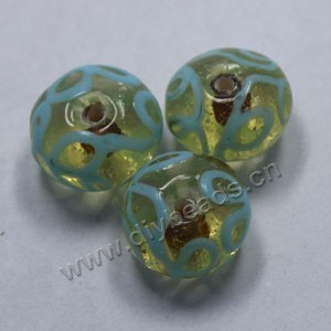 Bead,lampworked glass, clear and light blue with gold-colored foil painted swirls, 16x10mm rondelle. Sold per pkg of 500.