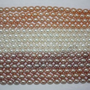 Pearl, cultured freshwater (natural), white/peach/mauve, 6-7mm rice, A+ grade. Sold per pkg of 16-inch strand.
