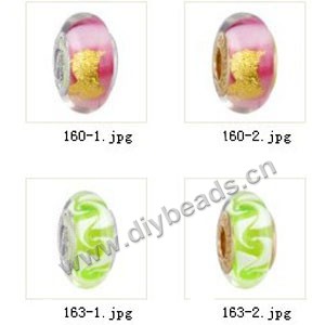 Bead,big-hole beads ,lampworked glass with silver-finished brass grommets,mixed colors and designs,6x12mm-8x14mm rondelle ,4mm spiral hole,sold per pkg of 10ps