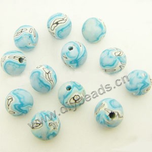 Bead, polymer clay, turquoise blue/white, 8mm round with lines. Sold per pkg of 36.