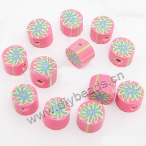 Bead, polymer clay, pink/green, 6x4mm double-sided flat round with flower. Sold per pkg of 24.