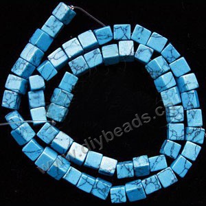 Bead, turquoise (imitation), 6x6mm cube. Sold per 14-inch strand,approximately  60ps.