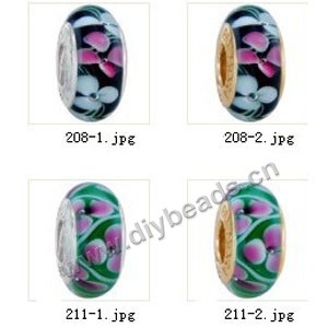 Bead,big-hole beads ,lampworked glass with silver-finished brass grommets,mixed colors and designs,6x12mm-8x14mm rondelle ,4mm spiral hole,sold per pkg of 10ps