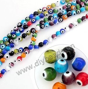 Bead mix, lampworked glass, opaque multicolored, 8mm double-sided round with wards off the evil eye design. Sold per pkg of (7) 16-inch strand.