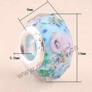 Bead,big-hole beads ,lampworked glass with silver-finished brass ,light blue/green/pink,9x14mm faceted rondelle with flower,4.5mm hole,sold per pkg of 10ps