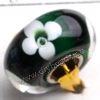 Bead, big-hole beads,Lampworked glass and silver-plated brass grommet,green with flower,,14x7mm rondelle with 4.5 mm hole,sold per pkg of 50ps
