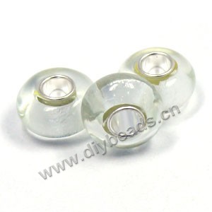 Bead,big-hole beads ,lampworked glass with silver-finished brass,14x8m rondelle ,white, mini order 100pcs