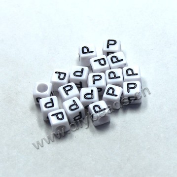 Bead, acrylic,White,alphabet is P, 6x6mm cube with 3.5mm drill hole. Sold per pkg of 100ps