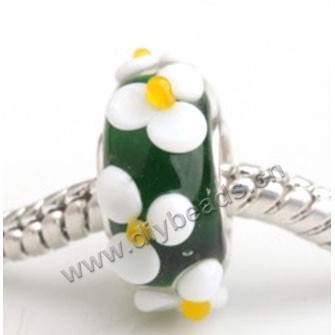 Bead, big-hole beads,Lampworked glass and silver-plated brass grommet,green with flower,14x7mm rondelle with 4.5 mm hole,sold per pkg of 50ps