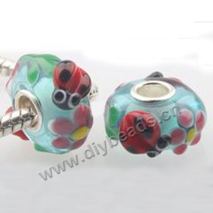 Bead, big-hole beads,lampworked glass and brass grommet,blue/red, 8x14mm rondelle with ladybug design, 4.5mm hole. Sold per pkg of 2