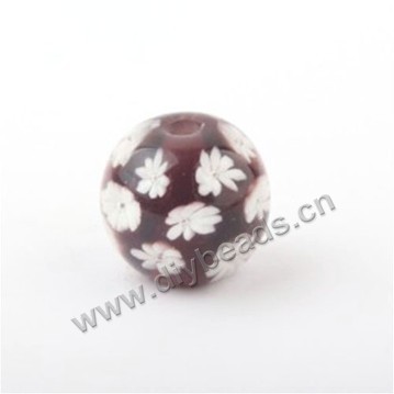 Bead,Japan lampworked glass,Brown with flower, 14x14mm round.mini order 100pc 