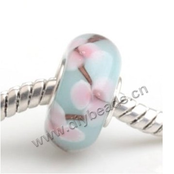 Bead, big-hole beads,Lampworked glass and 925 sterling silver grommet,blue with flower,14x7mm rondelle with 4.5 mm hole,sold per pkg of 50ps