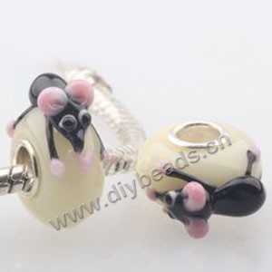 Bead, big-hole beads,lampworked glass and brass grommet,white/black/pink, 8x14mm rondelle with mouse design, 4.5mm hole. Sold per pkg of 50