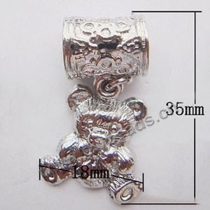 Charm, big-hole beads,silver-plated pewter ,silver, 18x35mm bear with 7mm hole. Sold per pkg of 10ps