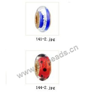 Bead,big-hole beads ,lampworked glass with brass grommets,mixed colors and designs,6x12mm-8x14mm rondelle ,4mm spiral hole,sold per pkg of 4ps