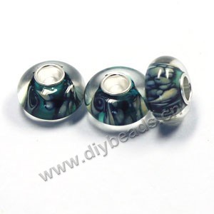 Bead,big-hole beads ,lampworked glass with silver-finished brass,14x8m rondelle ,Green,mini order 50pcs