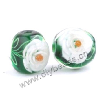 Bead, lampworked glass,green with flower, 16x16mm round.mini order 50pc 