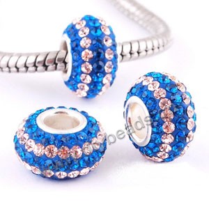 Bead, big-hole beads,clay rhinestone and silver-finshed brass grommet, blue/clear, 6x12mm rondelle with 4 mm hole,sold 20ps
