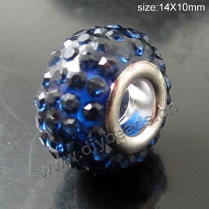 Bead, big-hole beads,pewter ,blue, 14x10mm rondelle with rhinestone, 5mm hole. Sold per pkg of 10ps