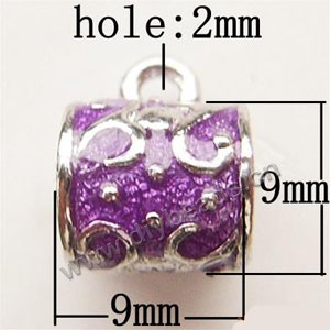 Charm, big-hole beads,silver-plated pewter and enameled , purple, 9x9mm tube with loop , 6mm hole. Sold per pkg of 10ps