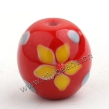 Bead, lampworked glass,red with flower, 18x18mm round.mini order 50pc 