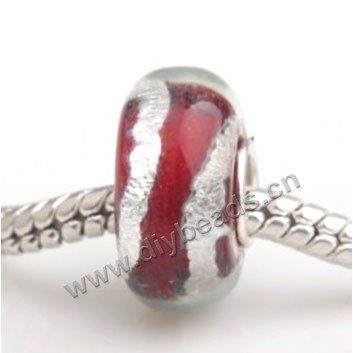 Bead, big-hole beads,Lampworked glass and 925 sterling silver grommet,mixed colors,14x7mm rondelle with 4.5 mm hole,sold per pkg of 50ps