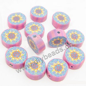 Bead, polymer clay, pink/blue, 10x4mm double-sided flat round with flower. Sold per pkg of 24.