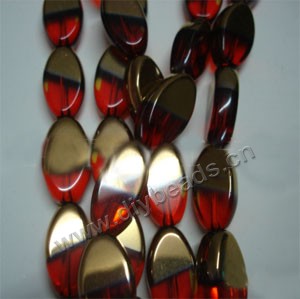 Bead ,copper-plated glass, red, 19x10mm flat oval. Sold per pkg of ten 31cm strand.