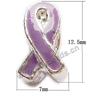 Bead, big-hole beads,silver-plated pewter and enameled , purple, 12x7mm,double-sided awareness ribbon, 4mm hole. Sold per pkg of 20ps
