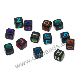 Bead mix, acrylic, black cube with colorful alphabet, 6*6mm ,four sides' alphabet,round with 3mm drill hole. Sold per pkg of 50pcs