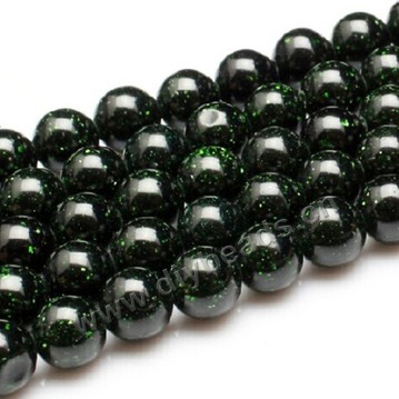 Bead, green goldstone (manmade), 14mm round. Sold per 16-inch strand