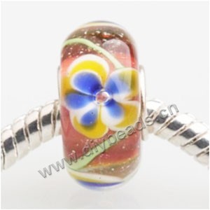 Bead, big-hole beads,Lampworked glass and 925 sterling silver grommet, black green with flower, 14x7mm rondelle with 4.5 mm hole,sold per pkg of 50ps