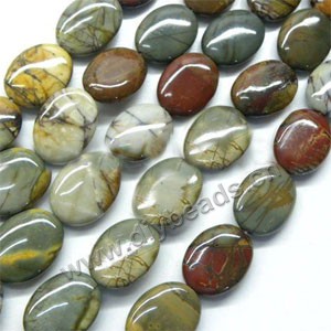 Bead, Picasso jasper (natural), 13x18mm puffed oval. Sold per 16-inch strand.