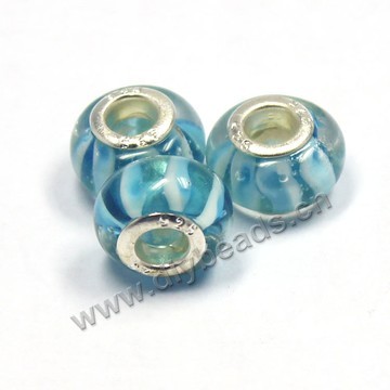 Bead,big-hole beads ,lampworked glass with silver-finished brass,14x9m rondelle ,green mini order 200pcs