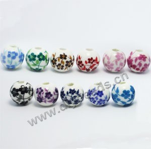 Bead, porcelain, multicolored, 14mm round with flower, 3-3.5mm hole. Sold per pkg of 200.
