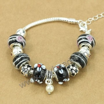 Bracelet,alloy and lampwork glass,black ,large hole beads,Sold per package of 1 piece