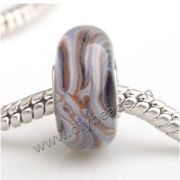 Bead, big-hole beads,Lampworked glass and 925 sterling silver grommet,mixed colors,14x7mm rondelle with 4.5 mm hole,sold per pkg of 50ps