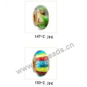 Bead,big-hole beads ,lampworked glass with brass grommets,mixed colors and designs,6x12mm-8x14mm rondelle ,4mm spiral hole,sold per pkg of 10ps