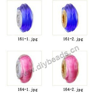Bead,big-hole beads ,lampworked glass with silver-finished brass grommets,mixed colors and designs,6x12mm-8x14mm rondelle ,4mm spiral hole,sold per pkg of 10ps